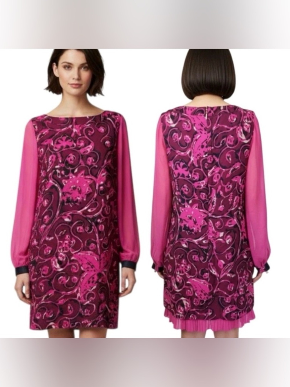 Tory Burch Dorrance Pink Printed Long-Sleeve Silk and Wool Shift Dress